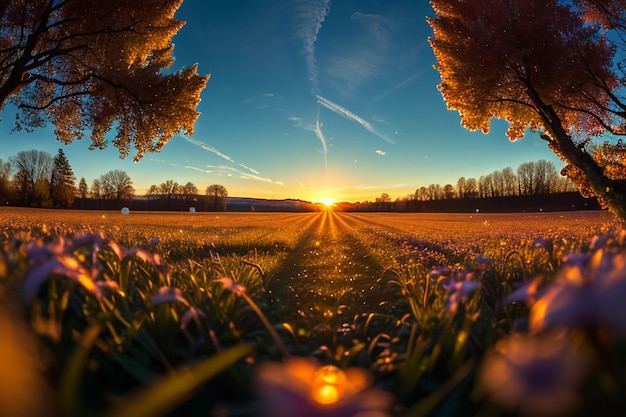 Dewy meadow at dawn sunrise sunset the most beautiful natural scenery wallpaper background