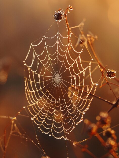 Photo dewy morning spiderweb in a sunlit meadow water droplets blurring on silk strands