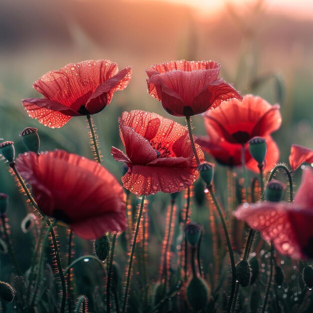 Dewy Red Poppies at Sunrise in Field