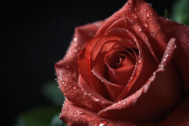 Dewy Red Rose in Macro Photography on Dark Background