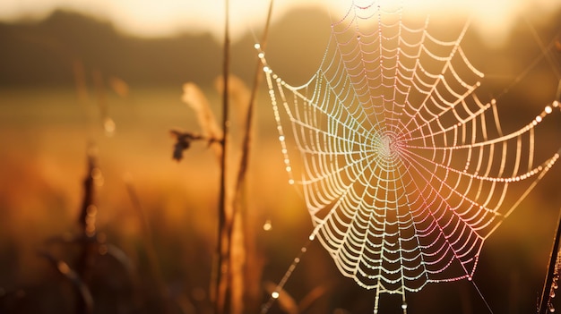 Dewy spinnenweb in de ochtendzon