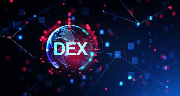 DEX and earth globe hologram with blockchain and information fields