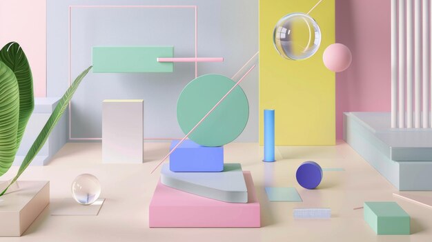 Foto deze 3d-animatie toont een speelse rangschikking van pastelkleurige geometrische vormen die drijven in een zachte dromerige omgeving die perfect is voor modern ontwerp en creatieve achtergronden