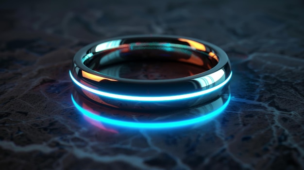 Foto deze 3d-animatie vangt een futuristische slimme ring op die verlicht is te midden van een door de regen doorweekt oppervlak. zijn oranje en blauwe neonglans weerspiegelt technologische elegantie en waterdichte veerkracht.