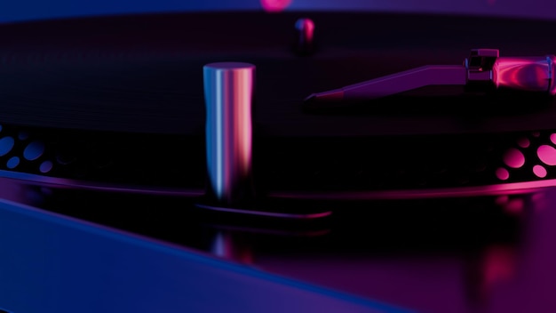 Deze 3D-illustratie toont een vinylplaatspeler met levendige kleuren die een moderne en kleurrijke twist toevoegt aan een klassieke muziekspeler