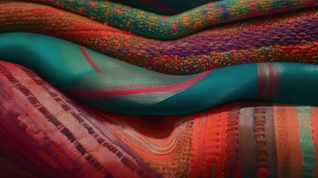 Deze abstracte achtergrond van textiel heeft een verscheidenheid aan kleurrijke en levendige stofstructuren die een dynamische en visueel opvallende compositie creëren, gegenereerd door AI