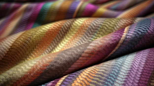 Deze abstracte achtergrond van textiel heeft een verscheidenheid aan kleurrijke en opvallende stofstructuren die naadloos in elkaar overvloeien om een samenhangende en visueel verbluffende compositie te vormen. Gegenereerd door AI