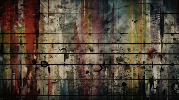 Deze abstracte grunge-achtergrond heeft een collage van verweerde texturen in contrasterende kleuren die een dramatisch en dynamisch effect creëren. Gegenereerd door AI