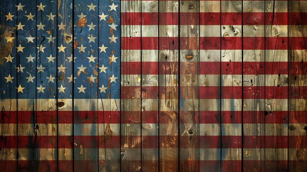 Deze afbeelding is een Amerikaanse vlag geschilderd op een houten achtergrond. De vlag heeft een rustieke uitstraling met de verf die op sommige plaatsen afscheurt en afbreekt.