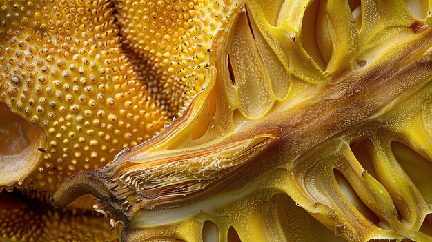 Deze afbeelding is een close-up van de binnenkant van een jackfruit de segmenten van de vrucht zijn zichtbaar evenals de zaden