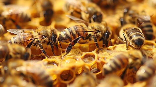 Deze afbeelding toont een close-up van een honingraat met bijen erop de bijen zijn samengesteld op de honingraat die bestaat uit zeshoekige cellen