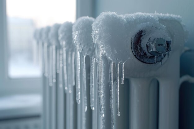 Deze afbeelding toont een close-up van een thuisradiator bedekt met sneeuw en ijsjes tegen de achtergrond van een winterdag buiten het raam