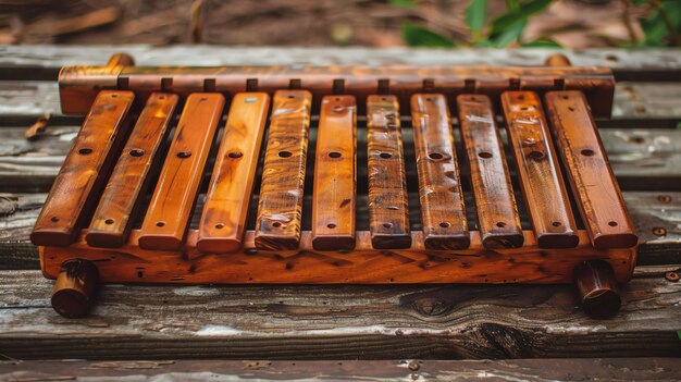 Deze afbeelding toont een houten xylofoon met 12 staven. De xylofoon wordt buiten op een houten oppervlak geplaatst.