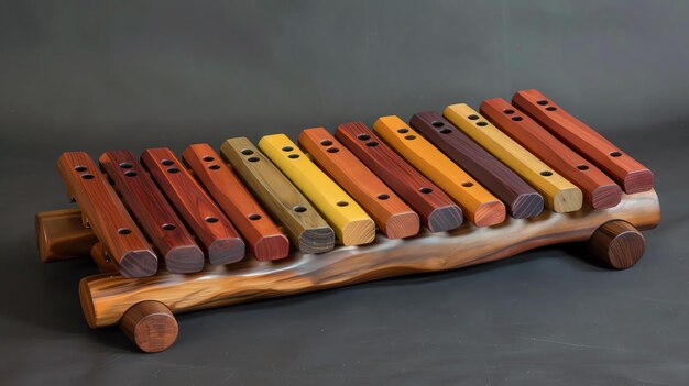 Deze afbeelding toont een houten xylofoon met tien staven. De xylofoon is gemaakt van één stuk hout en de staven zijn gerangschikt in een chromatische schaal.
