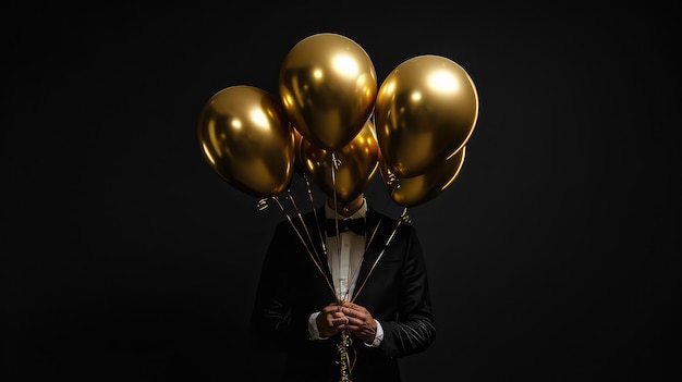 Deze afbeelding toont een mysterieuze figuur van achteren die vijf gouden ballonnen vasthoudt met het nummer 8 erop gedrukt. De figuur draagt een zwarte kap en een lederen jas.