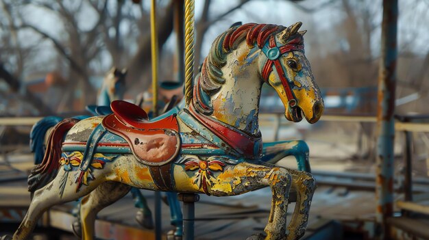 Foto deze afbeelding toont een vintage carouselpaard het paard is van hout en is in felle kleuren geschilderd