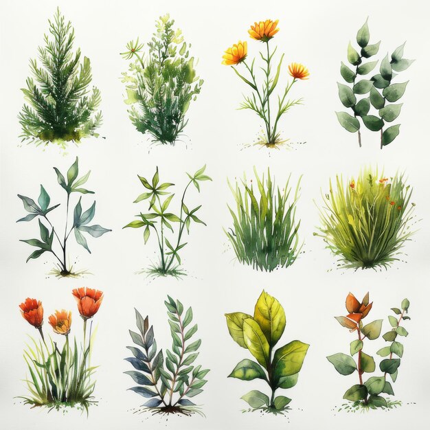 Deze aquarelillustraties tonen natuurgras en botaniek