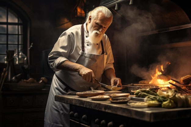 Deze boeiende foto vangt de tijdloze culinaire expertise van een oudere man terwijl hij grillt in zijn keuken de chef in het restaurant AI gegenereerd