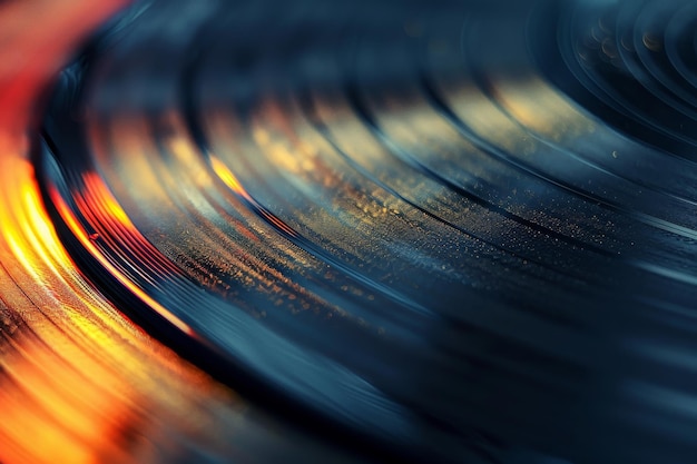 Deze close-up foto vangt een plaat op een tafel met zijn groeven en creëert een visuele weergave van muziek Details van een vinyl plaat groef bij hoge vergroting AI gegenereerd