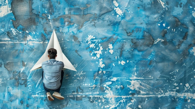Foto deze collage toont een papieren vliegtuig met een zittende jonge man. zakelijke ideeën, nieuwe startups en creativiteit worden in dit kunstwerk weergegeven.