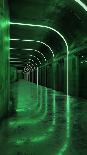 Deze corridor strekt zich uit in de verte omringd door levendige groene neonverlichting zijn reflecterende vloer verbetert de visuele diepte die de futuristische sfeer van de corridors versterkt