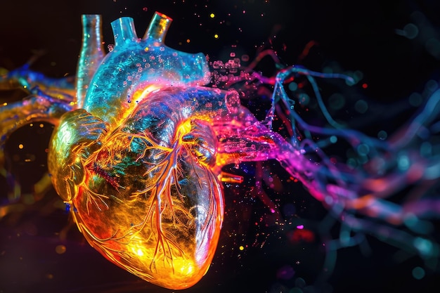 Foto deze door de computer gegenereerde afbeelding toont de ingewikkelde details en structuur van een menselijk hart met de nadruk op de kleppen en kamers holografische visualisatie van een menschelijk hart gegenereerd door ai