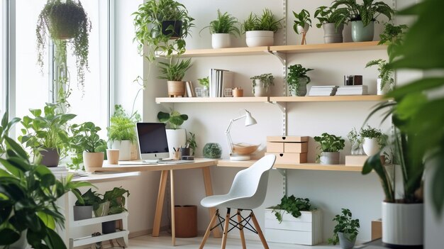 Deze eenvoudige maar uitnodigende kantoorruimte wordt nieuw leven ingeblazen met hangende planten.