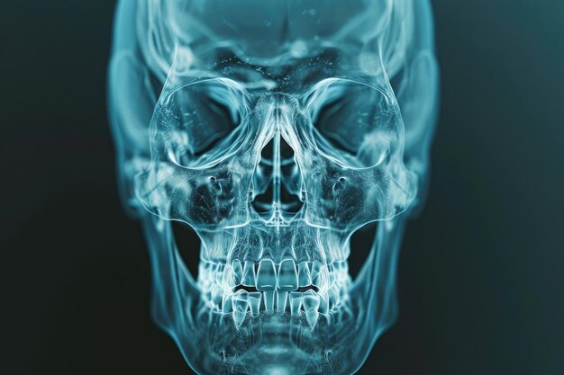 Deze foto toont een blauwe röntgenfoto van een menselijke schedel die een gedetailleerd beeld geeft van de interne structuur 3D röntgenfilm van een menselijke skedel gegenereerd door AI