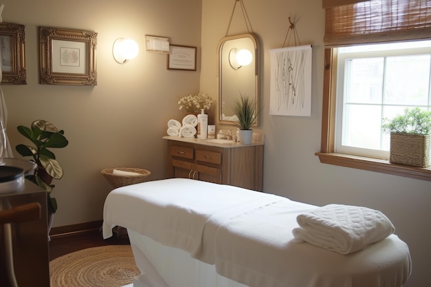 Foto deze foto toont een luxe spa kamer met een comfortabel bed en een stijlvolle spiegel een serene vreedzame naturopathische kliniek ai gegenereerd