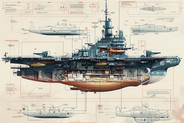 Deze foto toont een nauwkeurig getekend schip met ingewikkelde details en bevat een gedetailleerd schema van een militair schip met alle verschillende niveaus en compartimenten.