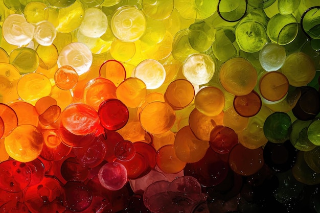 Deze foto vangt een close-up beeld van talrijke cirkels in verschillende kleuren een abstracte weergave van een fruit salade AI gegenereerd