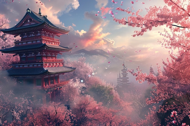 Deze foto vangt een gedetailleerd schilderij van een pagode die staat te midden van een weelderig groen landschap versierd met bomen kersenbloesem bomen bloeien rond een oude tempel AI gegenereerd