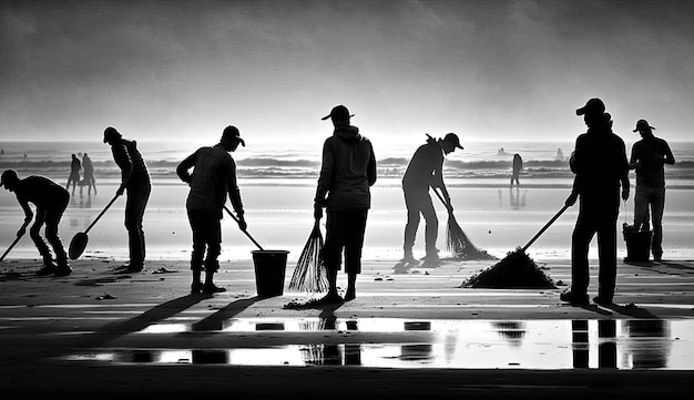 Deze krachtige zwart-witfoto toont een groep mensen die samenwerken om een strand schoon te maken. Gegenereerd door AI