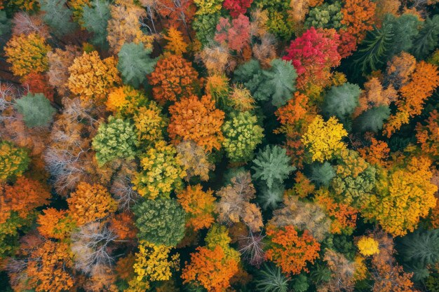 Deze luchtfoto toont de uitgestrekte uitgestrektheid van een dicht bos gevuld met talrijke bomen Een dicht bos tijdens de herfst vallen kleuren van boven AI gegenereerd