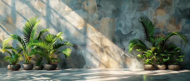 Deze minimalistische productplacement achtergrond bevat palm schaduwen op een gipswand De look is fris en zomerig Het toont ook een product platform podium mockup met een creatieve esthetiek