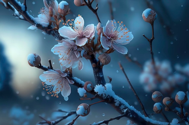 Deze prachtige tak milde sprookjesachtige mist lichtblauwe pruimenbloesem pruimenbloesem vallei sneeuwbloemblaadjes heldere sneeuw op de bloemblaadjes