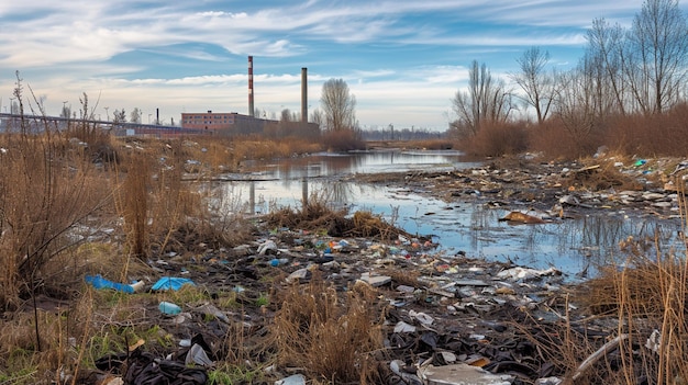 Foto deze rivier zit vol met afval van fabrieken en onvruchtbare vegetatie.