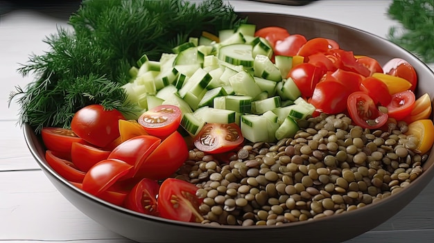 Deze verfrissende koude linzensalade zit boordevol eiwitten en smaak van gekookte linzen, verse groenten en aromatische kruiden. Gegenereerd door AI