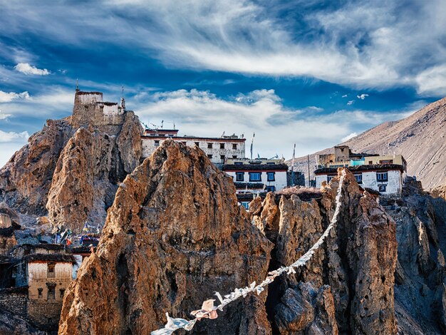 Dhankar gompa Tibetan Buddhist monastery and prayer flags lungta