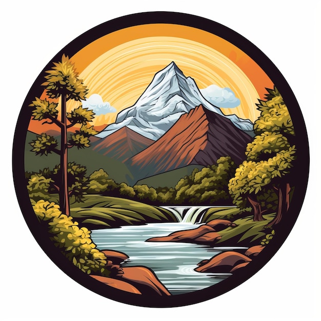 dhaulagiri landscape photo featuring a stunning waterfall and lush trees in the foreground. the image is framed within a circular border, resembling a logo. transparent background and no text, making