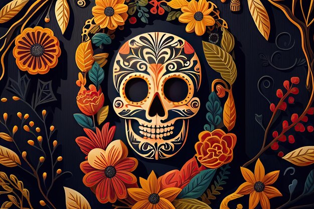 Dia De Los Muertos 背景死者の日アート装飾骨スカル花飾りホリデー壁紙生成 ai