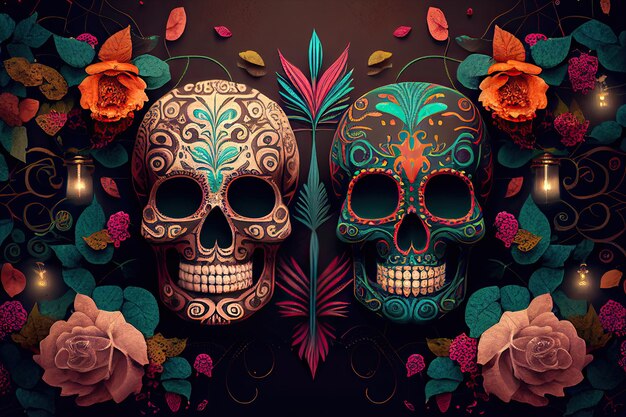 Dia De Los Muertos 背景死者の日の骨の頭蓋骨の飾り休日の壁紙生成 AI