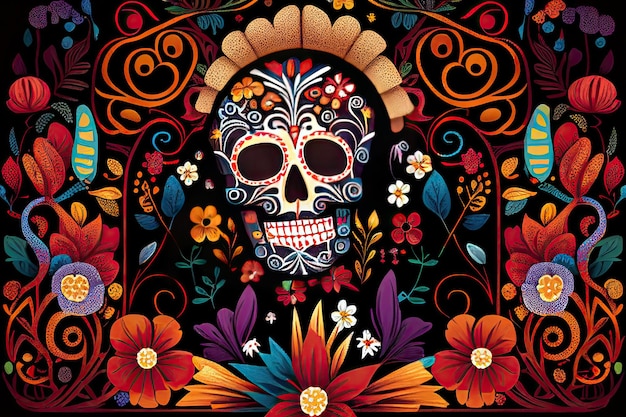 Dia De Los Muertos 背景死者の日の骨の頭蓋骨の飾り休日の壁紙生成 AI