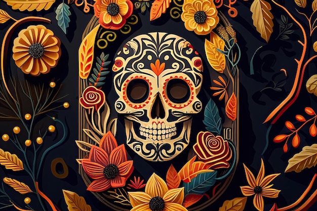 Dia De Los Muertos 背景死者の日の骨の頭蓋骨の飾り休日の壁紙生成 AI