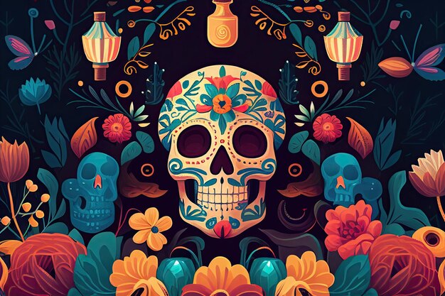 Dia De Los Muertos Background Day of the Dead Bones Skull Ornament Holiday Wallpaper generative ai