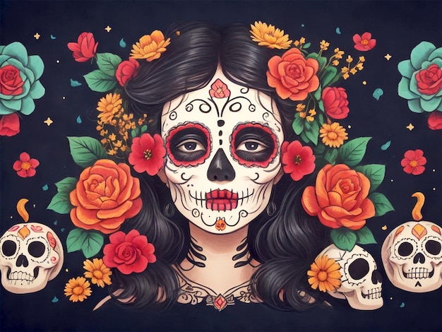 Dia de los muertos Dag van de dode vrouw met suikerschedel make-up Vectorillustratie