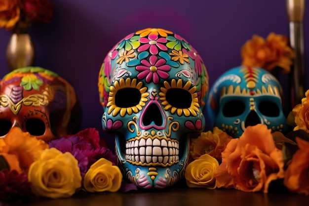 Dia de los Muertos Dag van het Dodenconcept Mexicaanse schedel met bloemen generatieve ai