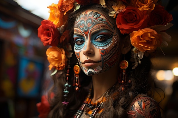 A Dia de los Muertos Day of the Dead makeup and costume against vibrant colorful Generative AI