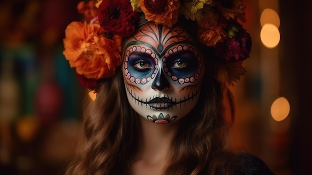 Dia de los muertos or day of dead mexican sugar skull girl generative ai