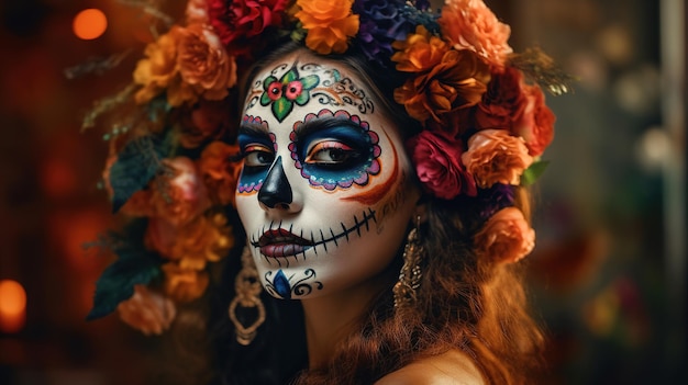 Dia de los Muertos or day of dead Mexican Sugar skull girl Generative Ai